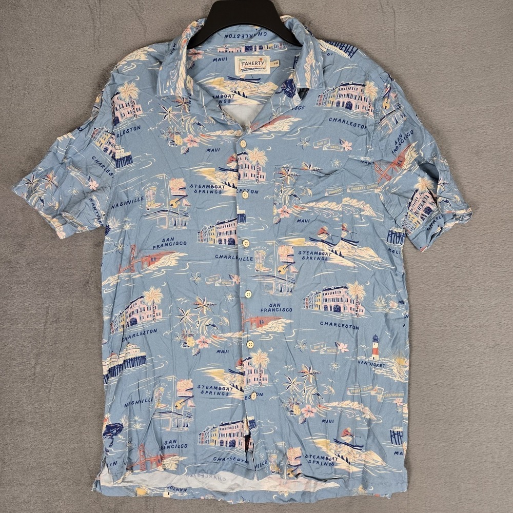 Faherty Kona Camp Shirt Mens Medium Short Sleeve Blue Tour Print Button Hawaiian
